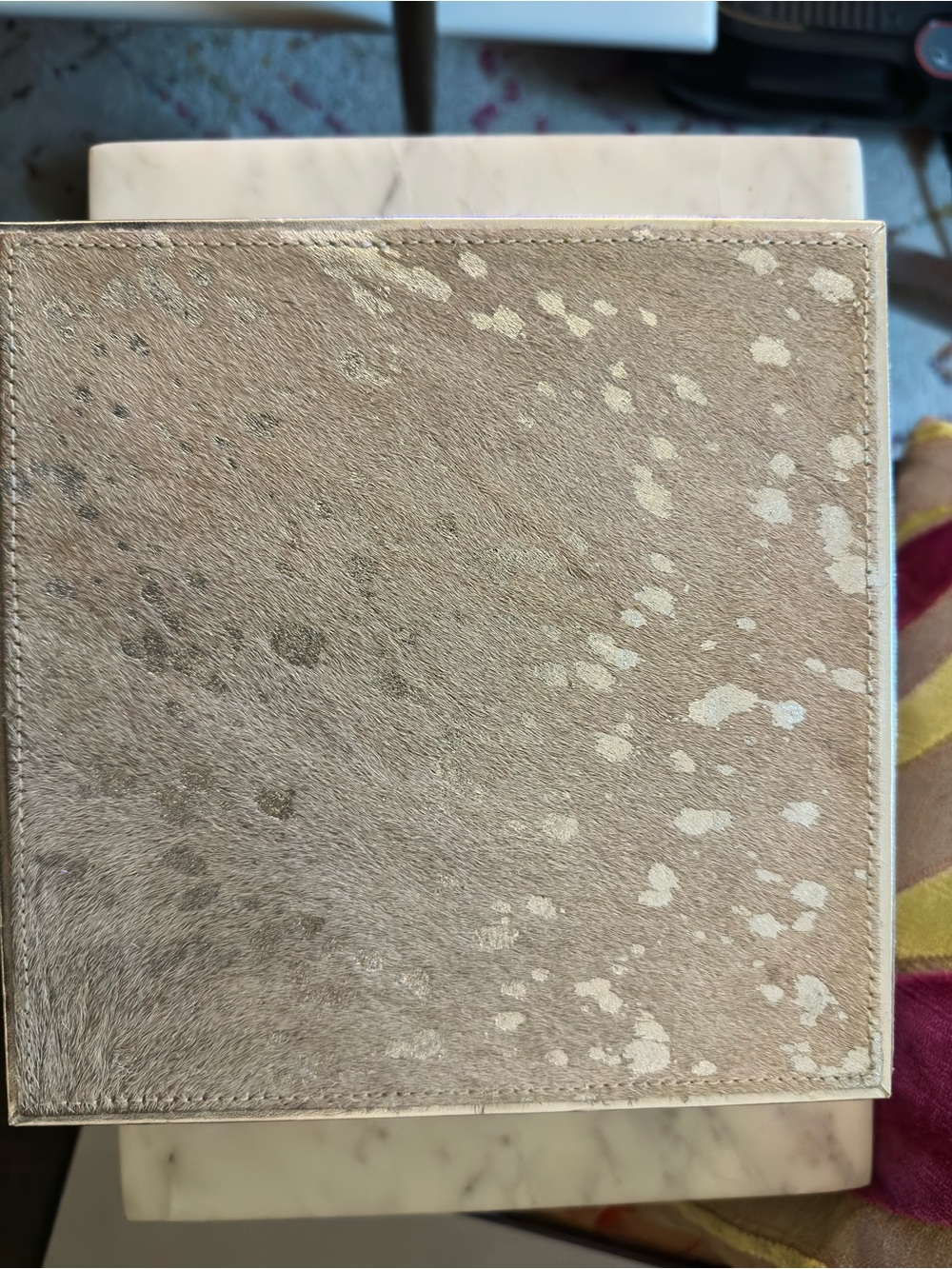 Square Hair-On Hide Decorative Box - Silver splatter and White/Taupe